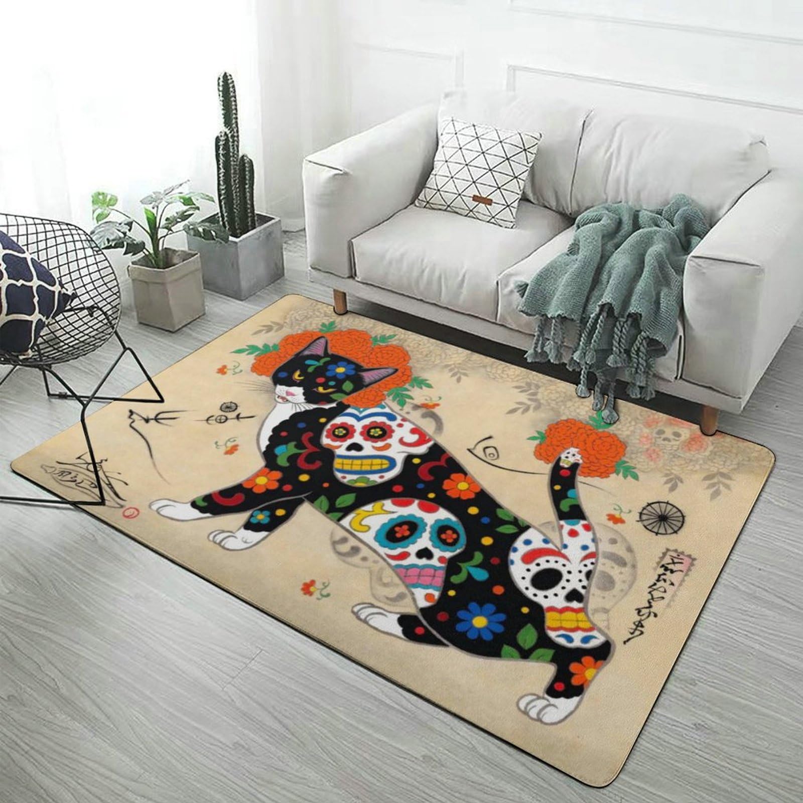 Amazon | ラグ カーペット 猫 どくろタトゥー 死者の日 絨毯 ふわふわ